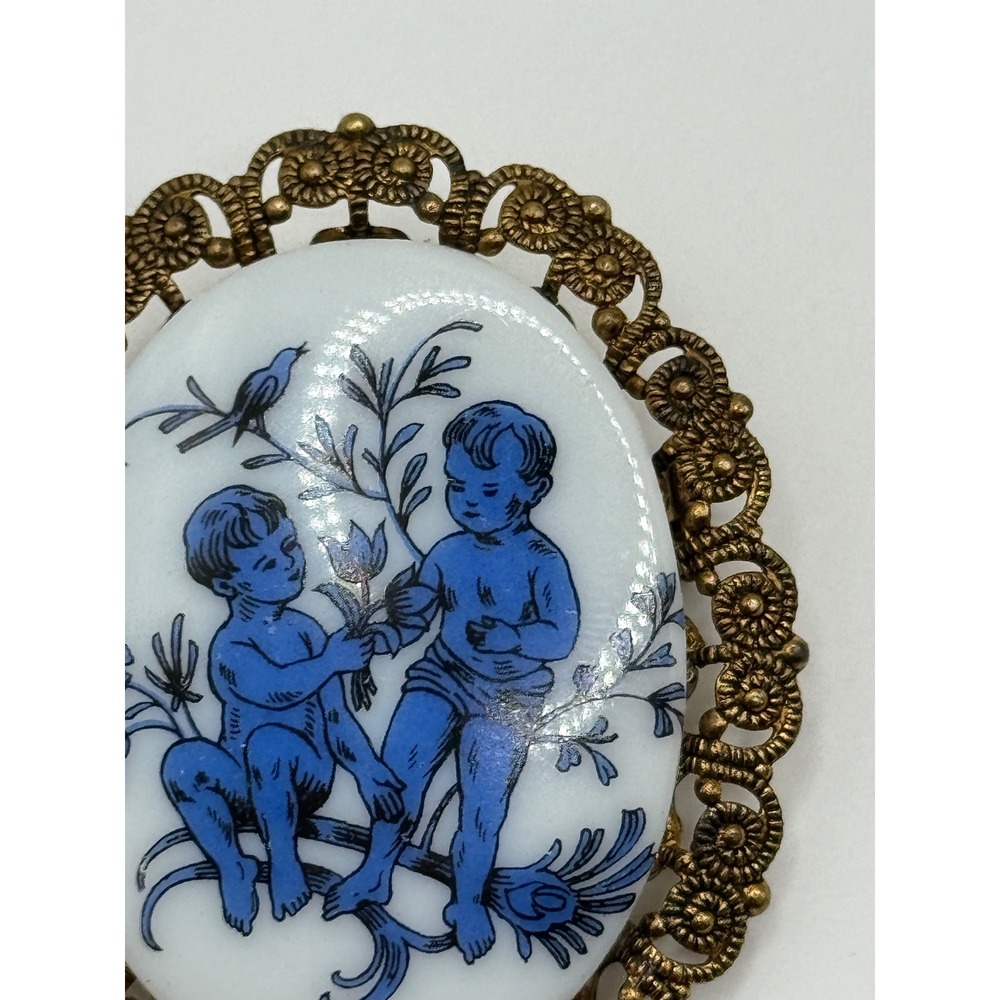 Vintage West Germany Brooch Blue and White Ceramic Cherub Pin - Picture 7 of 15